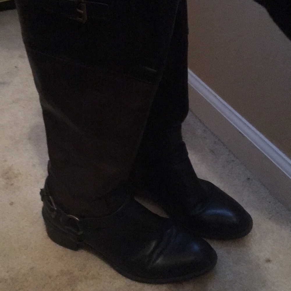 Brown and black knee high boots